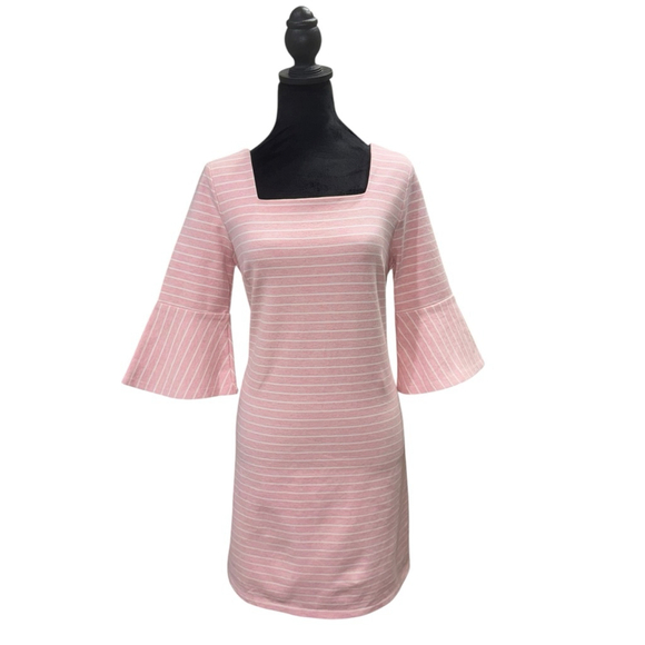 Skies Are Blue Dresses & Skirts - Skies Are Blue Dress Size M Pink Striped Bell Sleeve square neck knee length